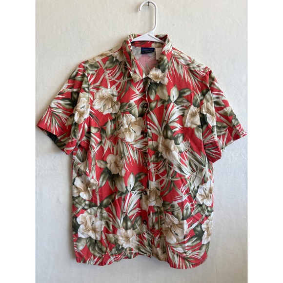 Country Club by Koret Tops - Country Club by Koret Petite Red Tropical Hibiscus Linen Blend Button Up Shirt M